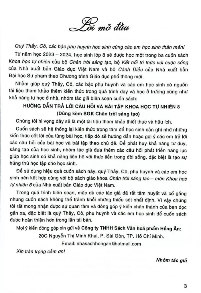 HƯỚNG DẪN TRẢ LỜI CÂU HỎI VÀ BÀI TẬP KHOA HỌC TỰ NHIÊN LỚP 8 (Dùng kèm SGK Chân trời sáng tạo)